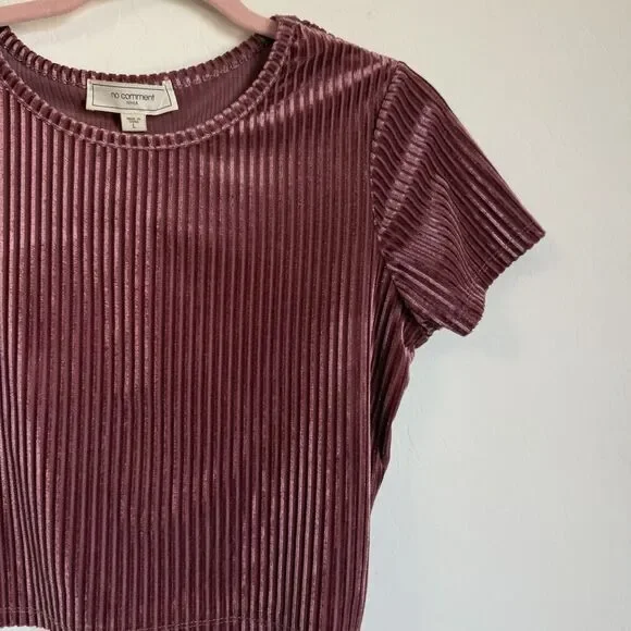 No Comment Y2K Velvet Ribbed Open Back Baby Tee Large Pink Mauve Boho Festival - Picture 3 of 6